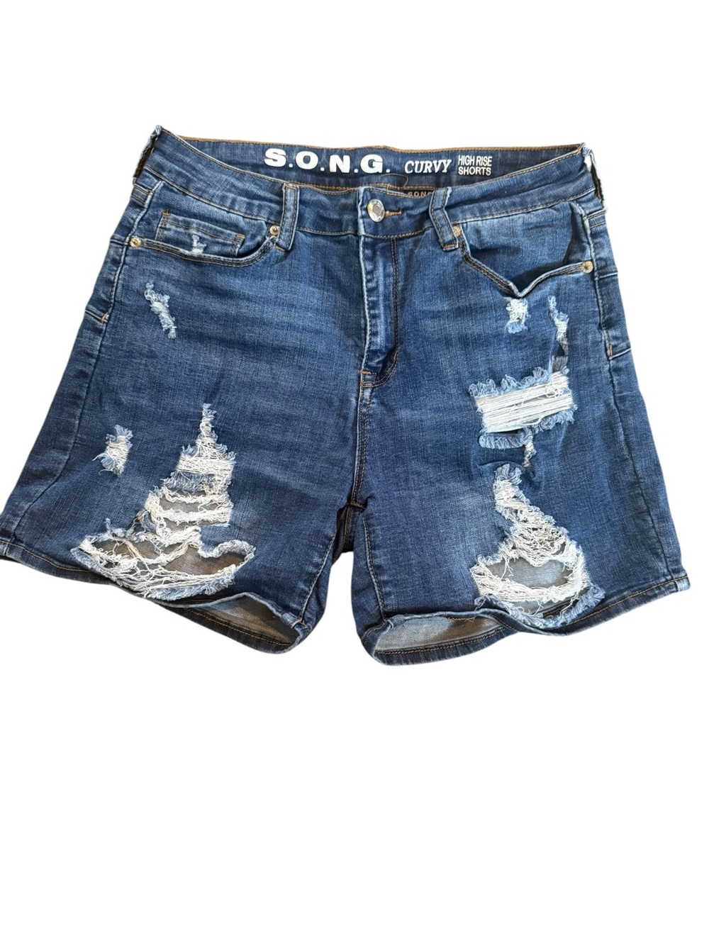 Juniors S.O.N.G. Stretchy Curvy High Rise Distressed Denim Shorts Blue Size 9/29